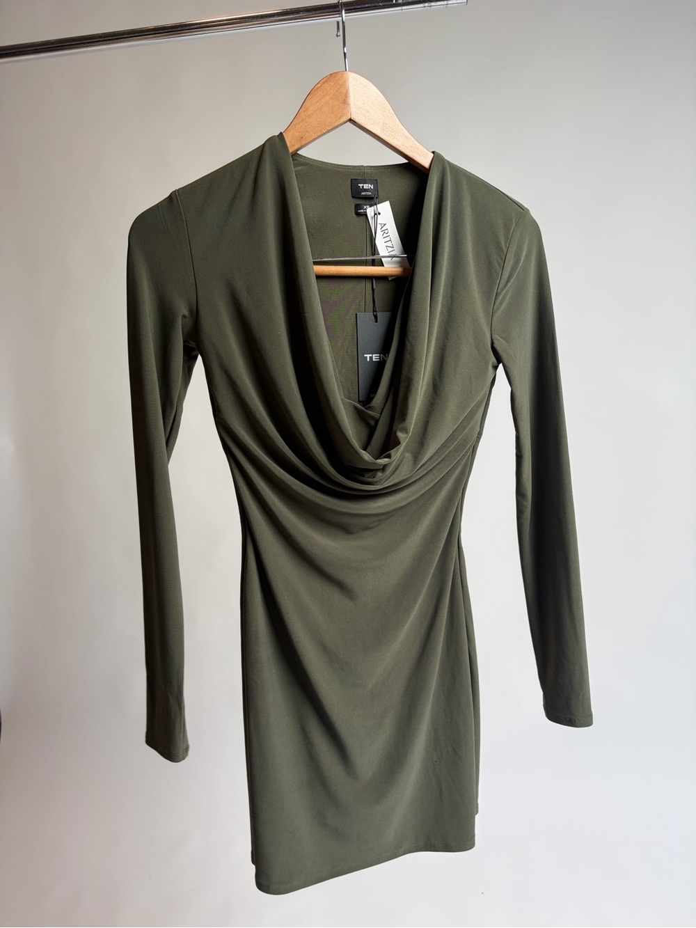NWT Aritzia TEN Trance Dress Dark Olive Cowl Neck Mini Dress XS